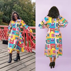 Julyliebe Cat Print Midi Dress 100% Viscose Multicolor Small NWT